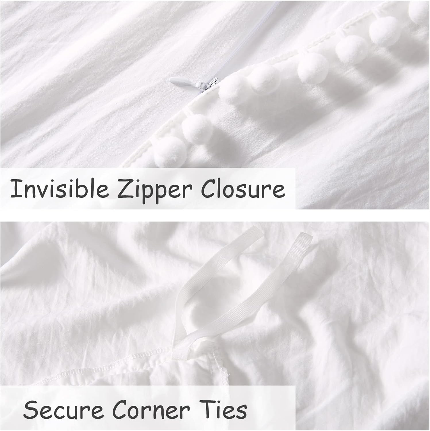 Washed Microfiber Duvet Cover Set, 3 Pcs. with Pom-Pom Fringe